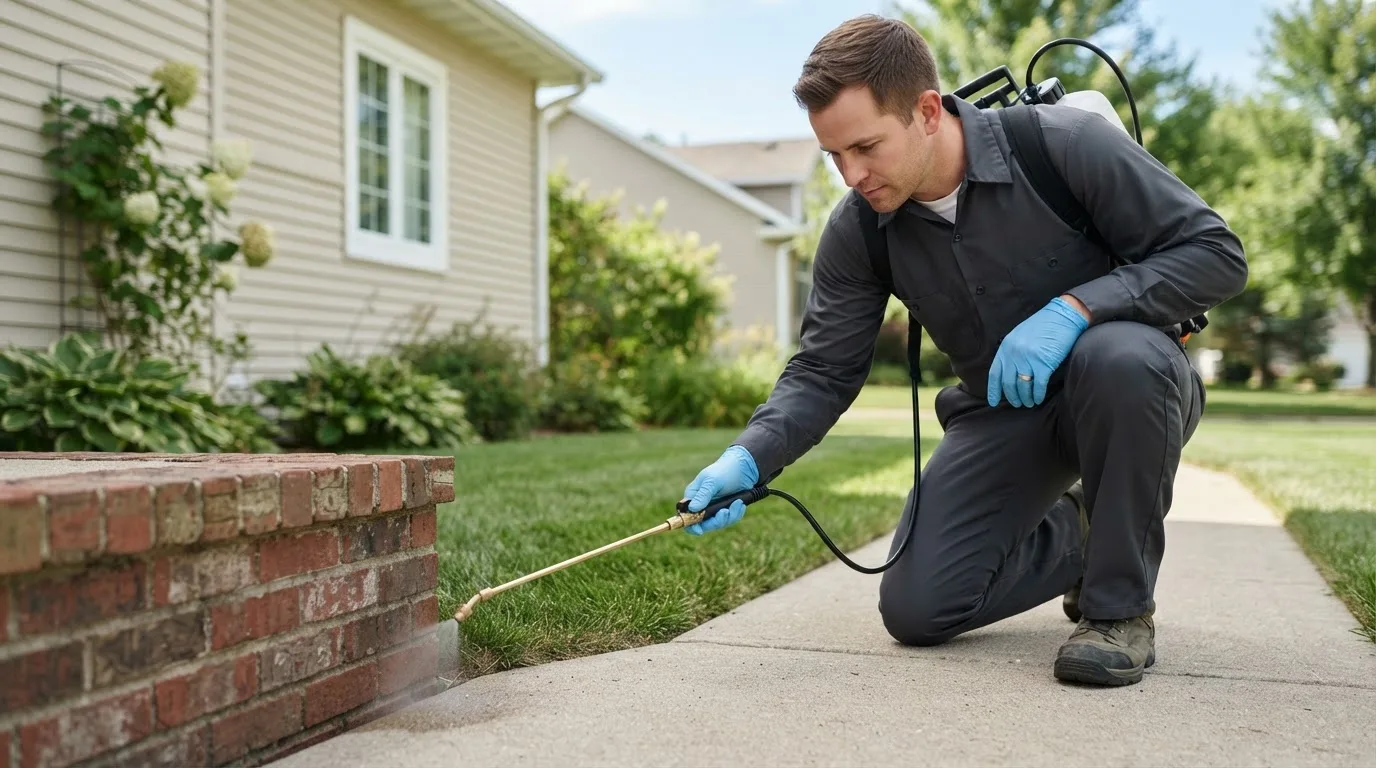 Pest control technician treating a home near Blum, TX