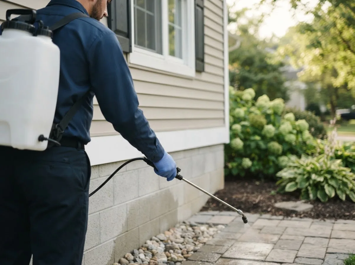Pest control technician inspecting a home in Blum, TX